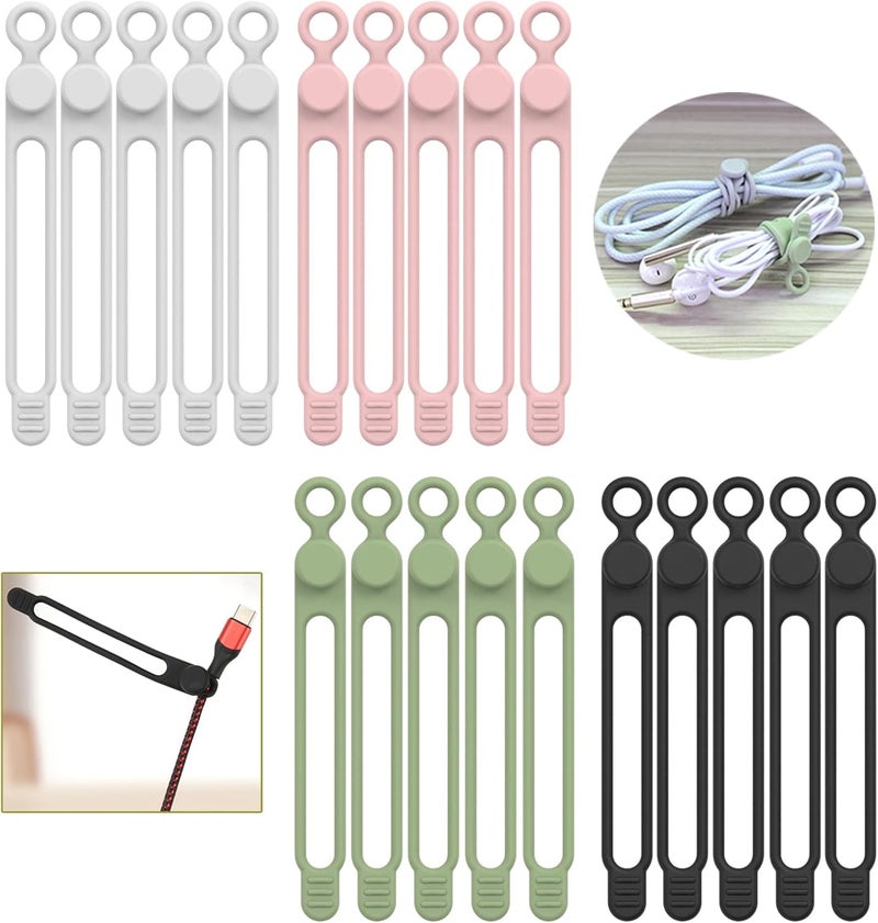 UMUST [20Park] Silicone Cable Ties,Reusable Cable Management Organizer, Multipurpose Elastic Cord Organizer for Bundling and Fastening Cable Cords Wires(black,white,pink,green) - Image 1